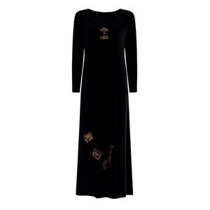 Vintage Black Velvet Medium Maxi Dress Animal Print Leopard Giraffe USA Made Y2K